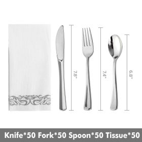 50pcs Gold/Silver Disposable Forks Plastic Tableware Dessert Knives Forks Spoon Cutlery Set Wedding Birthday Party Decor Supply (Color: Silver set, Ships From: China)