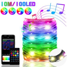 2023 Bluetooth RGB IC Christmas Fairy Light APP Control LED String Light Smart Music Rhythm Waterproof Xmas Light New Year Party (Emitting Color: 10M 100LED Black, Ships From: CN)