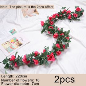 2pcs Fake Rose Vine Flowers Garland Plant Artificial Flower Wall Hanging Flower Rattan Fake Plant Leaf Wedding Home Garden Decor (Color: rose red, Ships From: CN)