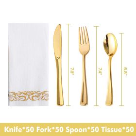 50pcs Gold/Silver Disposable Forks Plastic Tableware Dessert Knives Forks Spoon Cutlery Set Wedding Birthday Party Decor Supply (Color: Gold set, Ships From: China)