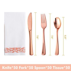 50pcs Gold/Silver Disposable Forks Plastic Tableware Dessert Knives Forks Spoon Cutlery Set Wedding Birthday Party Decor Supply (Color: Rose gold set, Ships From: China)