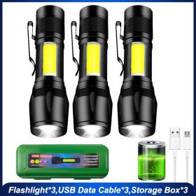 Mini Led Flashlight With Storage Box Portable Rechargeable Zoom Flashlight Waterproof Torch Lamp Lantern Camping Lights Outdoor (Emitting Color: 3pcs, Ships From: China)