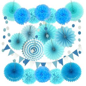 20Pcs Paper Fans Decor Hanging Paper Hanging Paper Fans Pompom Flower Garland Wedding Birthday Party Halloween Baby Shower Decor (Color: Blue, Ships From: China)