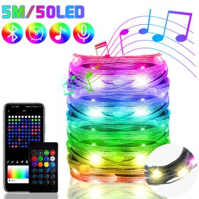 2023 Bluetooth RGB IC Christmas Fairy Light APP Control LED String Light Smart Music Rhythm Waterproof Xmas Light New Year Party (Emitting Color: 5M 50LED Black, Ships From: CN)