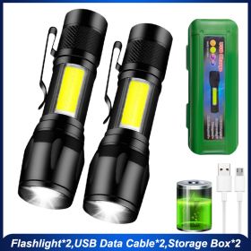 Mini Led Flashlight With Storage Box Portable Rechargeable Zoom Flashlight Waterproof Torch Lamp Lantern Camping Lights Outdoor (Emitting Color: 2pcs, Ships From: China)