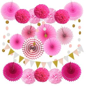 20Pcs Paper Fans Decor Hanging Paper Hanging Paper Fans Pompom Flower Garland Wedding Birthday Party Halloween Baby Shower Decor (Color: Pink, Ships From: China)