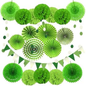 20Pcs Paper Fans Decor Hanging Paper Hanging Paper Fans Pompom Flower Garland Wedding Birthday Party Halloween Baby Shower Decor (Color: green, Ships From: China)